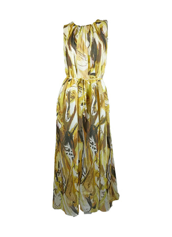 4250018 Round Neck Waist Tie Sleeveless Ramie Dress *Yellow