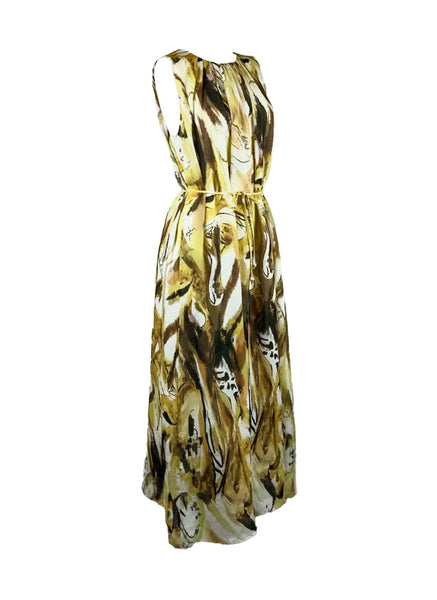 4250018 Round Neck Waist Tie Sleeveless Ramie Dress *Yellow