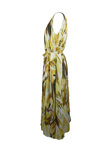4250018 Round Neck Waist Tie Sleeveless Ramie Dress *Yellow