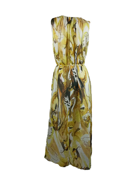 4250018 Round Neck Waist Tie Sleeveless Ramie Dress *Yellow