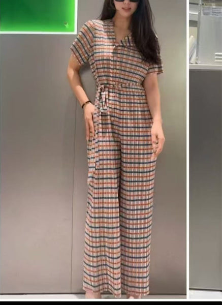 4250021 Plaid Pattern Short Sleeve Pleated Jumpsuits