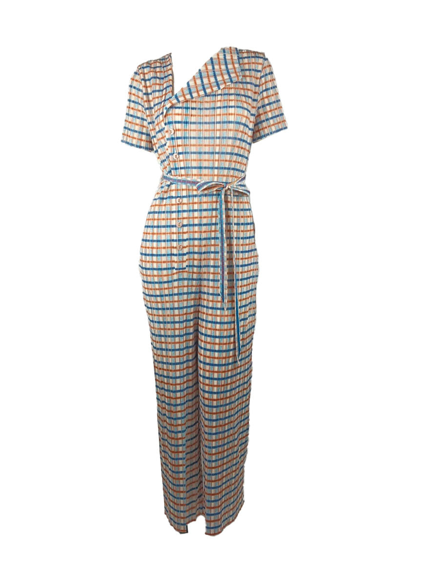 4250021 Plaid Pattern Short Sleeve Pleated Jumpsuits