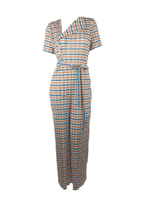 4250021 Plaid Pattern Short Sleeve Pleated Jumpsuits
