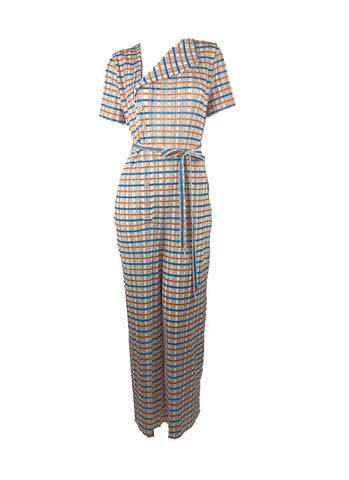 4250021 Plaid Pattern Short Sleeve Pleated Jumpsuits