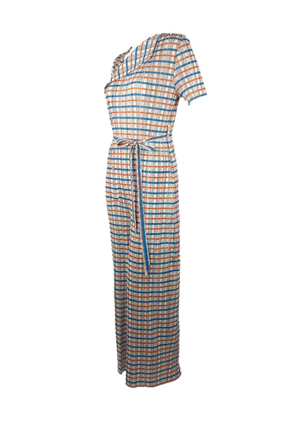 4250021 Plaid Pattern Short Sleeve Pleated Jumpsuits