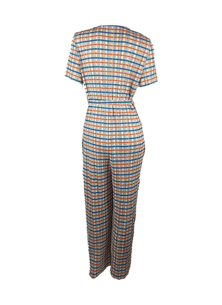 4250021 Plaid Pattern Short Sleeve Pleated Jumpsuits