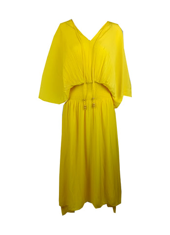5230001 Drawstring Butterfly Sleeve Gathered Waist Dress *Yellow