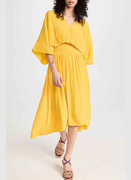 5230001 Drawstring Butterfly Sleeve Gathered Waist Dress *Yellow