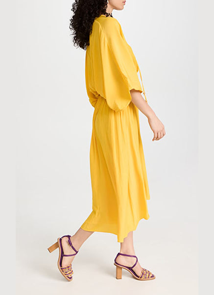 5230001 Drawstring Butterfly Sleeve Gathered Waist Dress *Yellow