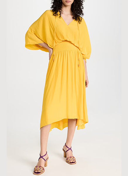 5230001 Drawstring Butterfly Sleeve Gathered Waist Dress *Yellow