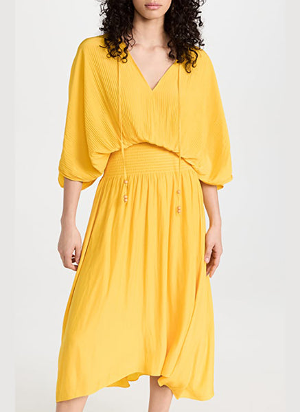 5230001 Drawstring Butterfly Sleeve Gathered Waist Dress *Yellow