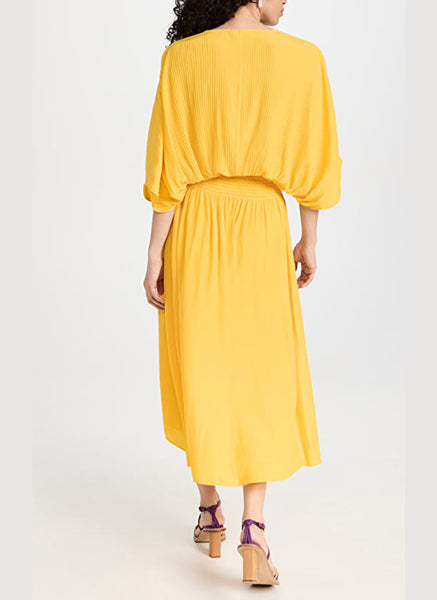 5230001 Drawstring Butterfly Sleeve Gathered Waist Dress *Yellow