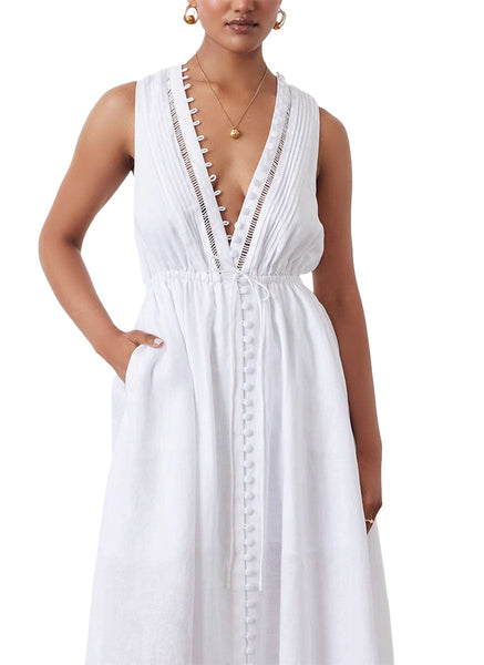 5240020 Sleeveless Linen Maxi Dress *White *Backorder