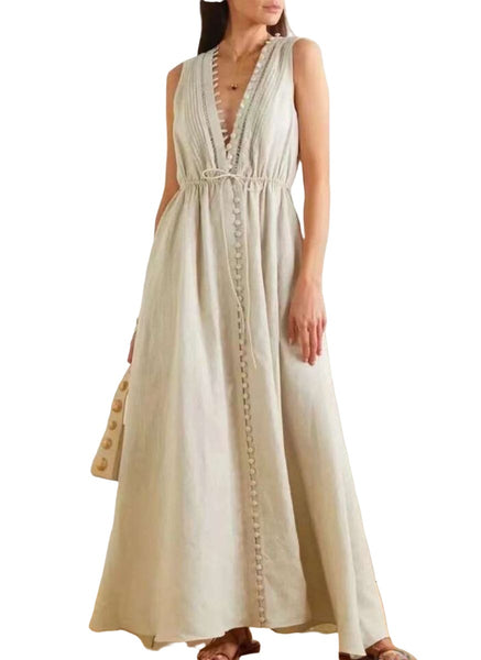 5240020 Sleeveless Linen Maxi Dress *Beige