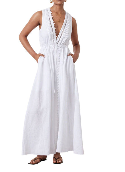 5240020 Sleeveless Linen Maxi Dress *White *Backorder