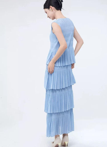 3250018 Round Neck Sleeveless Ruffles Pleated Dress *Blue