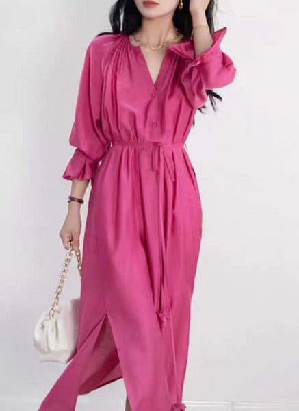 9240016 V-Neck Long Sleeve Tencel Dress