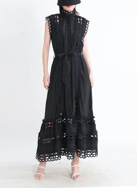 6230009 Sleeveless Embroidery Trim Belted Dress *Black