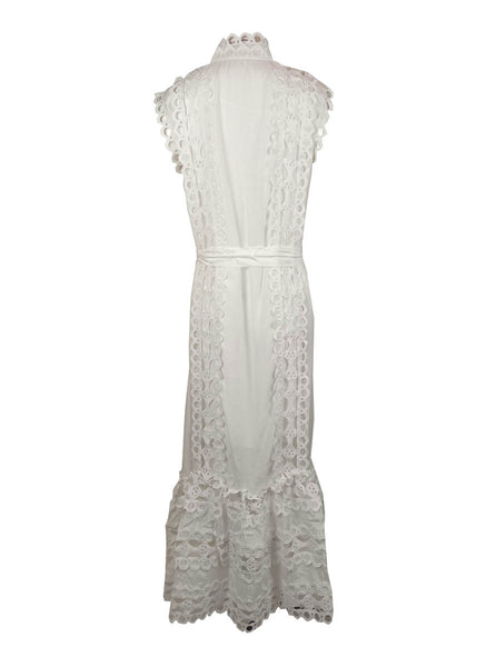 6230009 Sleeveless Embroidery Trim Belted Dress *White
