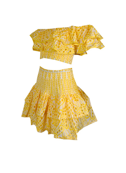 6230046 2pcs Off-Shoulder Eyelet Crop Top and Skirt Set *Yellow *Last Piece