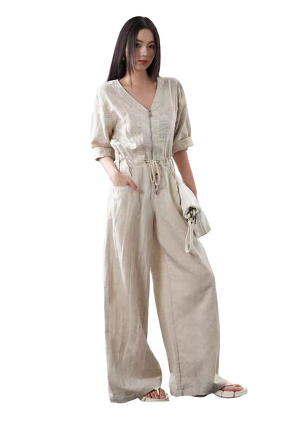 6240025 Linen V-Neck Zipper Jumpsuits *Backorder