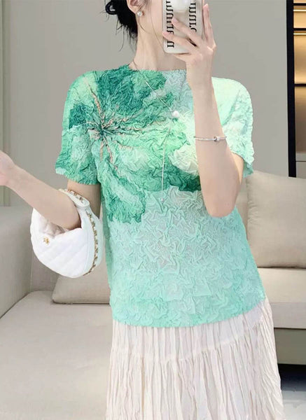 6240033 Floral Printed Pleated Top *Green