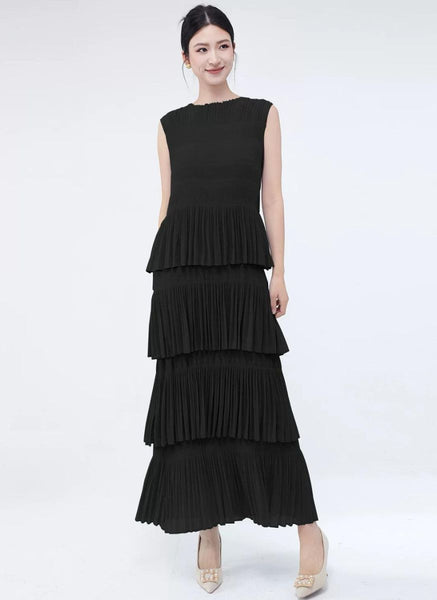 3250018 Round Neck Sleeveless Ruffles Pleated Dress *Black