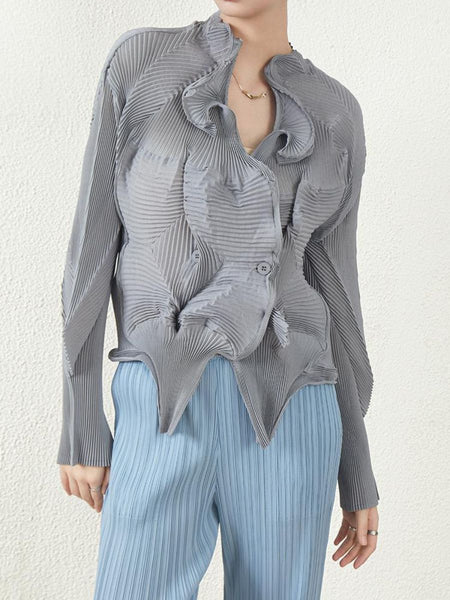 N240008 Irregular Long-Sleeve Pleated Top *Grey