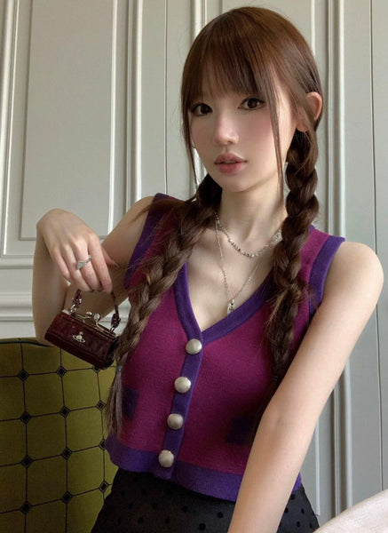 O240051 Knitted V-Neck Sleeveless Top *Purple