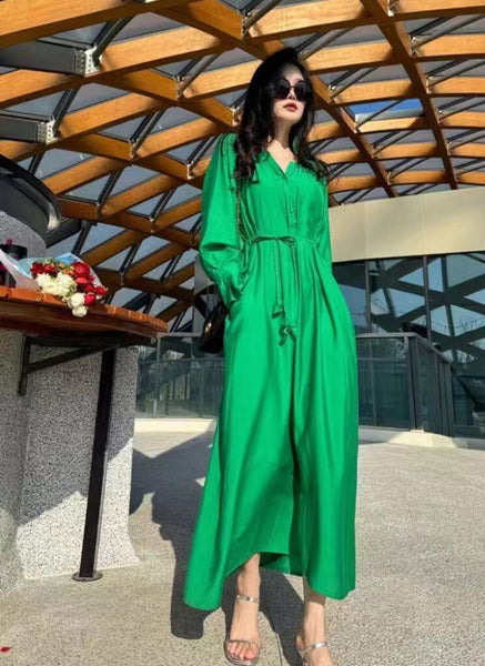 9240016 V-Neck Long Sleeve Tencel Dress *Green *Backorder