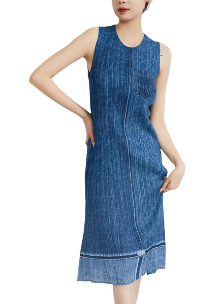 6240024 Sleeveless Denim Printed Pleated Dress *Backorder