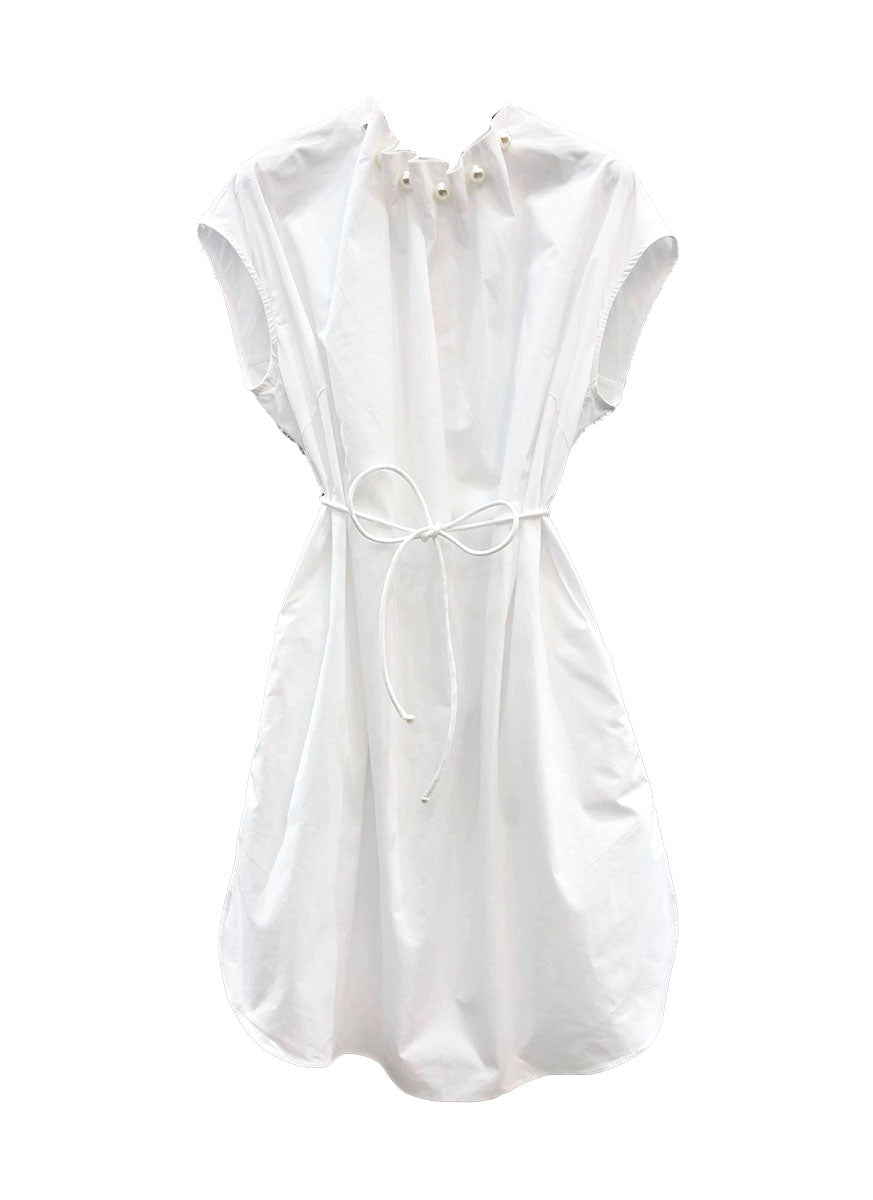 7240021 Pearl Knitted Short-Sleeved Waist-Tie Dress *White