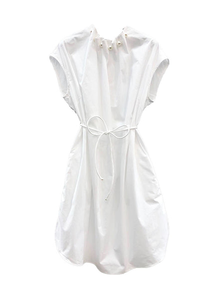 7240021 Pearl Knitted Short-Sleeved Waist-Tie Dress *White