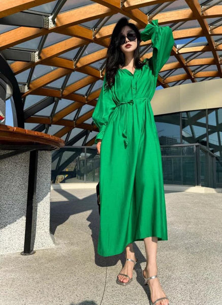 9240016 V-Neck Long Sleeve Tencel Dress *Green *Backorder