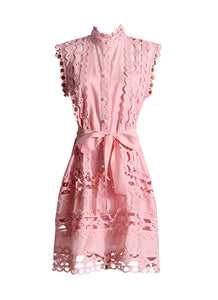 8230031 Lace Trimmed Belted Dress *Pink