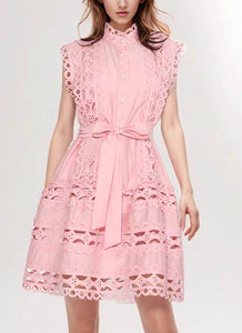8230031 Lace Trimmed Belted Dress *Pink