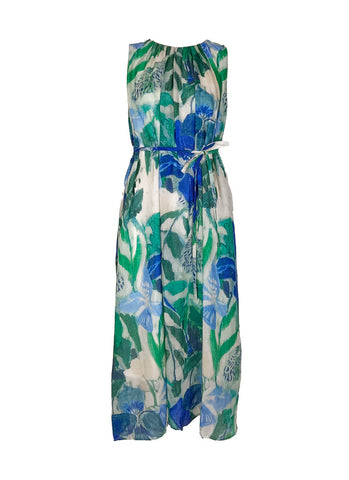 8240031 Floral Printed Ramie Sleeveless Dress *White & Green