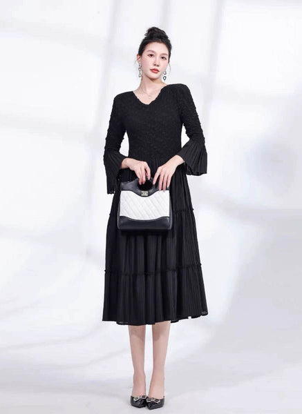 8240046 V-Neck High Waist Long Sleeve Dress *Preorder