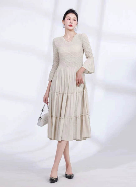 8240046 V-Neck High Waist Long Sleeve Dress *Last Piece