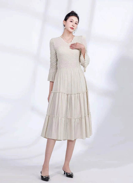 8240046 V-Neck High Waist Long Sleeve Dress *Last Piece