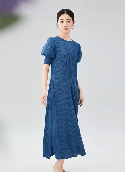 8240057 Round Neck Puff Sleeve Pleated Dress *Preorder