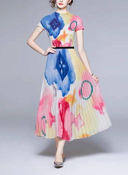 9230010 Tie-Dye Printed Pleats Top & Skirt Set *Blue & Pink