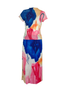 9230010 Tie-Dye Printed Pleats Top & Skirt Set *Blue & Pink