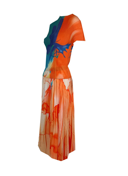 9230011 Printed Pleats Top & Skirt Set  *Orange