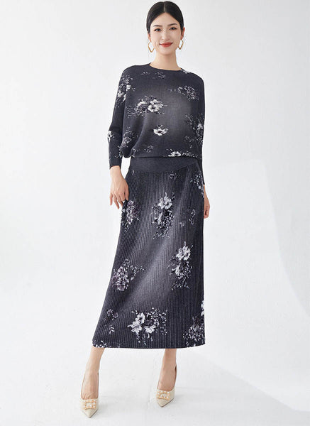 9240006 Floral Printed Pleats Top & Skirt Set *Black