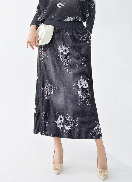 9240006 Floral Printed Pleats Top & Skirt Set *Black