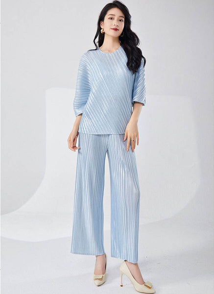 9240008 Pleated Top & Pants Set *Blue