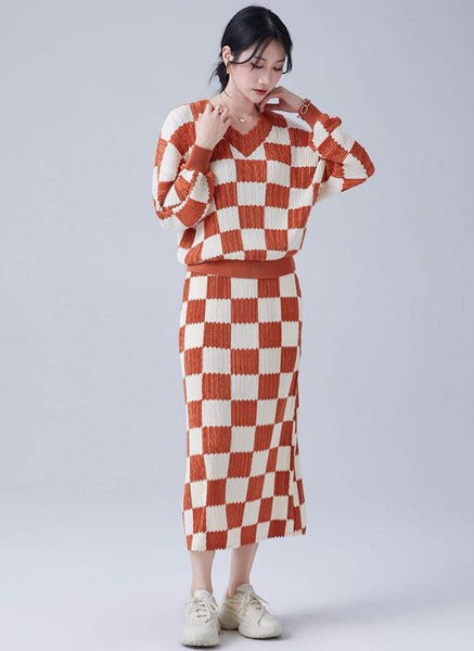 9240015 V-Neck Checked Pleats Top & Skirt Set *Orange