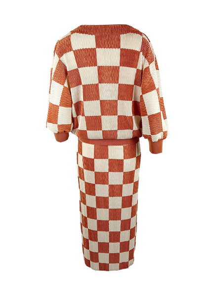 9240015 V-Neck Checked Pleats Top & Skirt Set *Orange