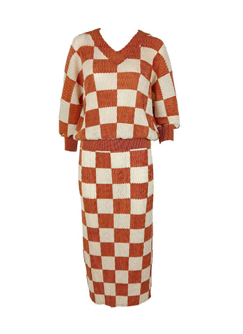 9240015 V-Neck Checked Pleats Top & Skirt Set *Orange